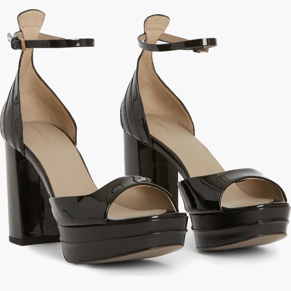 All Saints Tia Glossy Black Platform Heel Sandals Size 10M WF571Z